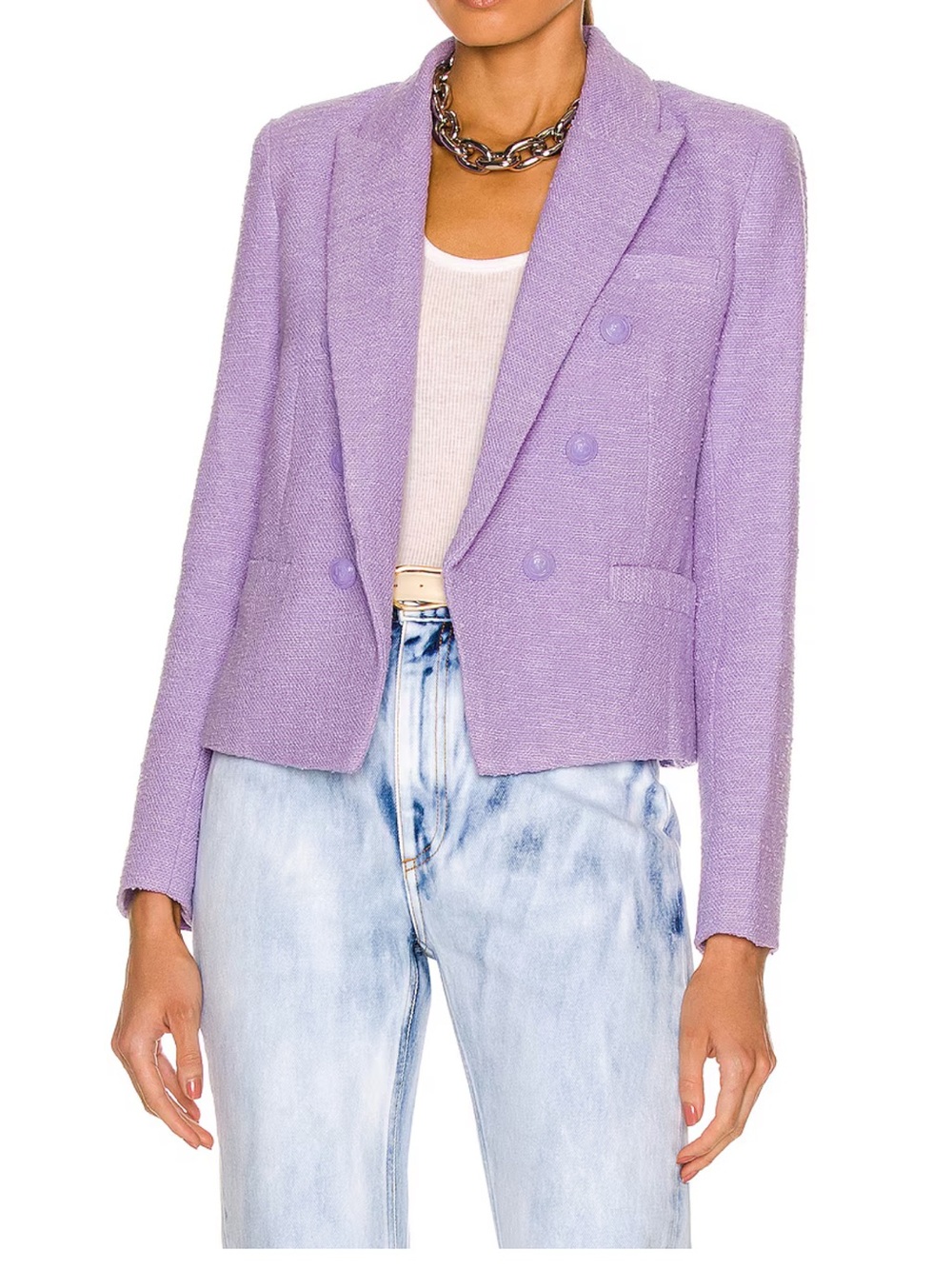 L’ Agence Brooke Double Breasted Cropped Blazer Size 6 Lavender Tweed Open Front